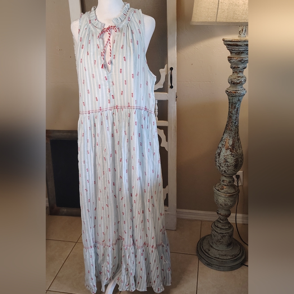 Hatley Light Blue With White and Pink Pineapple Ruffled Maxi Dress
